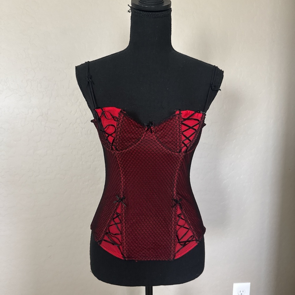 Morbid Threads Red and Black Fish Net Lace-Up Corset Camisole